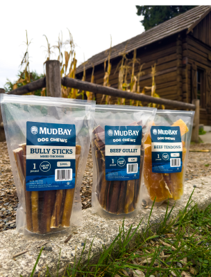 value bags of Mud Bay dog chews outdoors